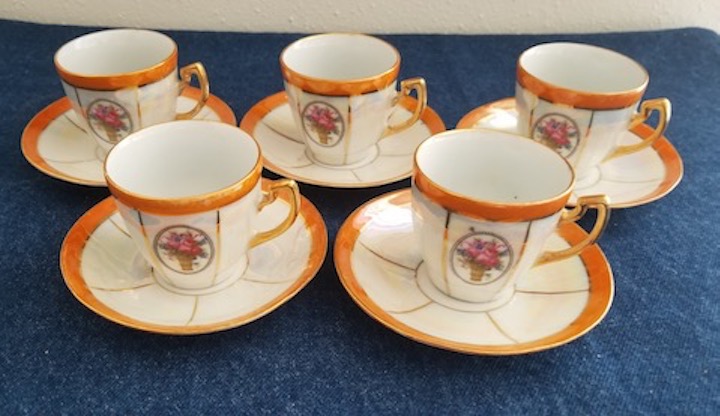 5 demitasse sets orange iridescent